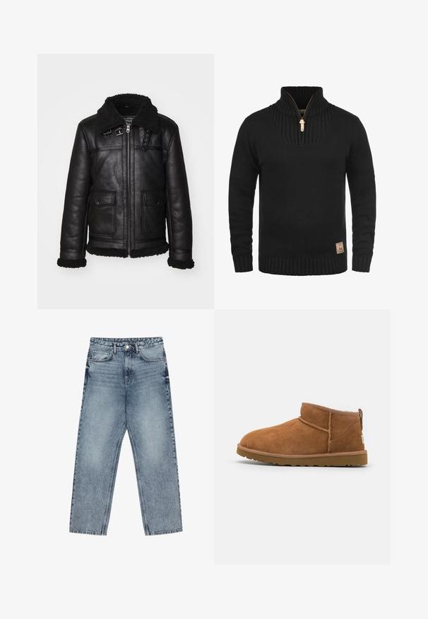 Juodas odinis švarkas su pūkuotu apykakle, užtrauktuku ir dviem priekinėmis kišenėmis. Yra dekoratyvūs apdažai ir siuvinėjimo detalės.; Juodas megztinis su aukštu apykakle, daliniu užtrauktuku, įsiūtomis rankovėmis ir apačia. Išskirtinė odinė detalė apatinėje pusėje.; Šviesiai mėlynos džinsinės kelnės su tiesiu kelnės siluetu, matomomis siūlėmis, penkių kišenių dizainu ir mygtuko uždarymu juosmens srityje.; Šviesiai rudos nubuko aulinukai iki kulkšnies su apvaliu pirštu, subtiliomis siuvimo detalėmis ir tekstūruota guma padanga. Žemas aukštis be raištelių.