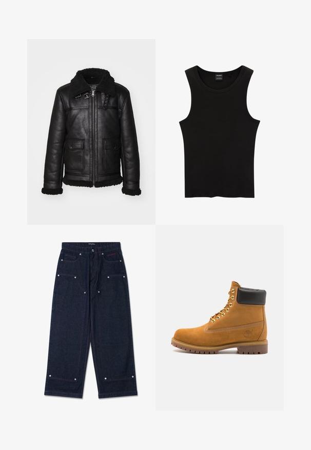 Crna kožna jakna s pahuljastim ovratnikom, zatvaranje na patentni zatvarač i dva prednja džepa. Ima dekorativne metalne dijelove i detalje šivanja.; Crni rebrasti majica bez rukava s okruglim izrezom i širokim izrezima za ruke, izrađena od mekog, rastezljivog materijala. Etiketa: Pull&Bear.; Tamne široke hlače od tamnog trapera s dva prednja džepa, detaljima od srebrnog hardvera i kontrastnim crvenim šavovima. Sadrže kopčanje na dugme i logotip brenda.; Antracitne antilop čizme do gležnjeva s crnim podstavljenim ovratnikom, zlatnim metalnim rupicama, bijelim šavovima i robusnom gumenom potplatom s izraženim šarama.