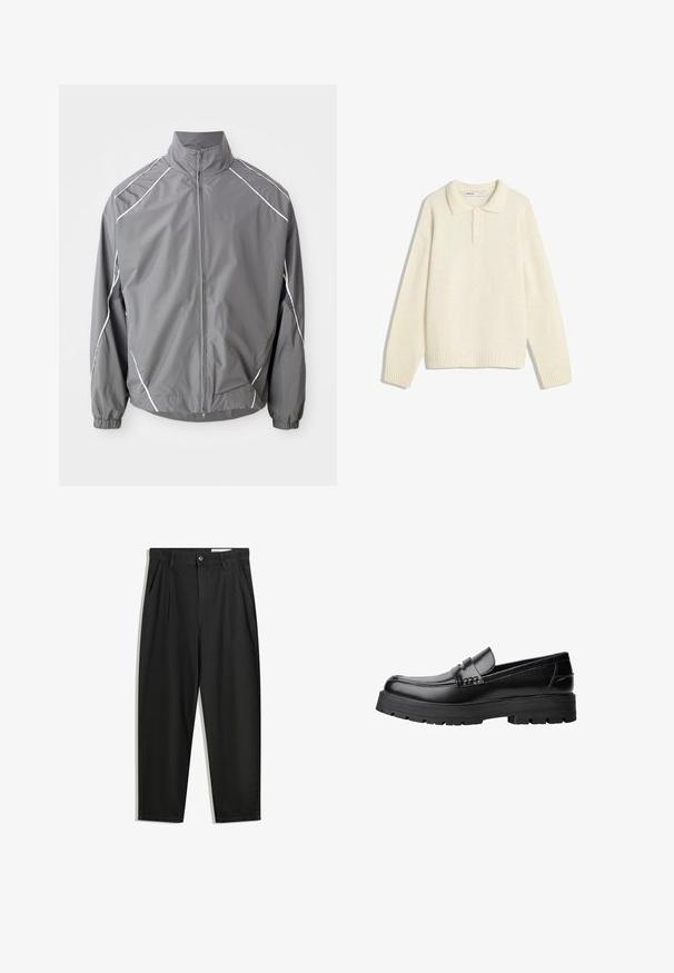 Grau Windbreaker-Jacke mit hohem Kragen, durchgehendem Reißverschluss und elastischen Bündchen. Verfügt über weiße Akzente an den Schultern und Netz-Einsätze.; Cremfarbener Pullover mit Kragen, Vier-Knopf-Verschluss, weiten gerippten Bündchen und Saum. Sanfte Textur, lockere Passform und minimalistisches Design.; Schwarze Baumwollhose mit lockerem Schnitt, ausgestattet mit einem klassischen Bund, vorderen Falten und Seiten taschen. Glatte Textur ohne Muster.; Schwarzer Lederloafer mit grobem, rutschfestem Sohlenprofil und dekorativem Riemen über der Oberseite, seitlich links auf weißem Hintergrund abgebildet.