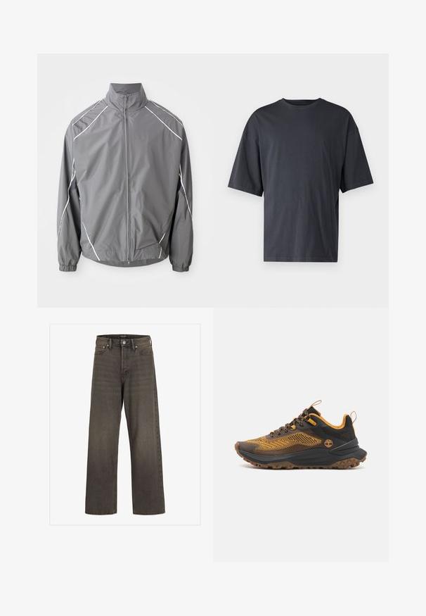 Gray windbreaker jacket with a high collar, front zipper, and elastic cuffs. Features white accents along the shoulders and mesh panels.; Dark gray short-sleeve t-shirt made of lightweight cotton, featuring a loose fit and classic crew neckline, with plain texture and no patterns.; Wide-leg jeans in dark grey denim, featuring a high waist, classic five-pocket design, and contrasting stitching along the seams.; Black and yellow athletic shoes with a mesh upper, textured rubber sole, and reinforced toe. Features a logo on the side and contrasting laces.