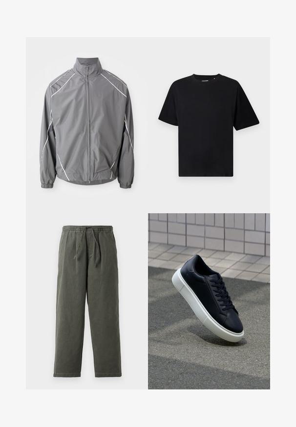 Grau Windbreaker-Jacke mit hohem Kragen, durchgehendem Reißverschluss und elastischen Bündchen. Verfügt über weiße Akzente an den Schultern und Netz-Einsätze.; Schwarzes T-Shirt mit kurzen Ärmeln und Rundhalsausschnitt, in lockerer Passform, auf einem weißen Hintergrund präsentiert.; Dunkelolivgrüne Pants mit Kordelzugbund aus leichtem Material. Lockere Passform mit geraden Beinen und ohne sichtbare Taschen oder Verzierungen.; Schwarze Leder-Sneaker mit runder Zehenpartie und weißer Gummisohle. Verfügt über flache Schnürsenkel und minimale Nähte im Obermaterial. Strukturiertes Sohlenprofil für besseren Halt.