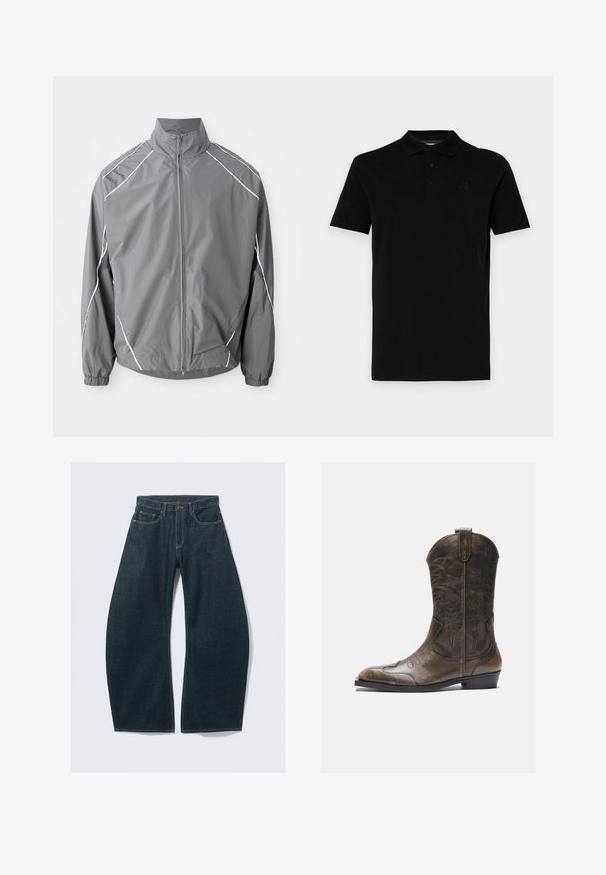 Gray windbreaker jacket with a high collar, front zipper, and elastic cuffs. Features white accents along the shoulders and mesh panels.; Black polo shirt with short sleeves, made of smooth fabric. Features a classic collar and three button placket, with a subtle logo at chest.; Dark blue wide-leg jeans made from denim, featuring five pockets, visible stitching, a button closure, and a clean finish.; Brown leather cowboy boot with a tall shaft, pointed toe, intricate stitching patterns, and a small heel. Textured finish throughout.