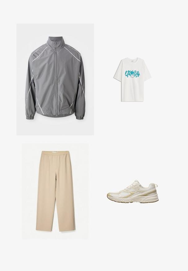 Grau Windbreaker-Jacke mit hohem Kragen, durchgehendem Reißverschluss und elastischen Bündchen. Verfügt über weiße Akzente an den Schultern und Netz-Einsätze.; Bershka SHORT SLEEVE - T-Shirt print - white; Beige Weite-Hose mit einem elastischen Bund, aus weichem Stoff gefertigt, mit glatter Textur und minimalen Nähten.; Weiße Sportschuhe aus Mesh und synthetischem Material, mit einer abgerundeten Zehe, gepolsteter Sohle und beigen Akzenten an den Seiten.