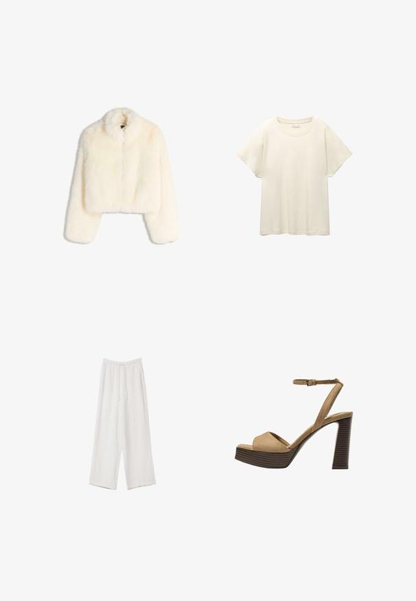 Krótkia biała kurtka z futra sztucznego z kołnierzem, długimi rękawami i zamkiem błyskawicznym z przodu. Miękka, teksturowana tkanina o puszystym wyglądzie.; Jasno beżowa, krótko rękawowa koszulka z okrągłym dekoltem, wykonana z miękkiego, gładkiego materiału. Posiada luźny krój i prosty dół.; Białe spodnie o szerokich nogawkach wykonane z lekkiego materiału. Posiadają elastyczny pas z sznurkiem i boczne kieszenie. Gładka tekstura.; Beżowe zamszowe sandały na wysokim obcasie z szerokim paskiem z przodu i paskiem za kostkę, z masywnym drewnianym obcasem o teksturowanym wykończeniu.