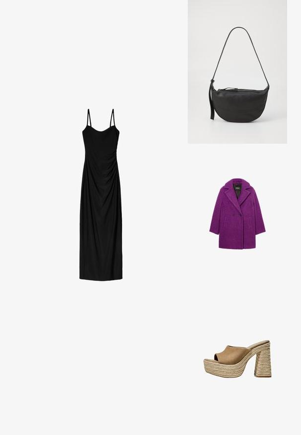 Purple double-breasted coat made from textured fabric, featuring a notched collar and side pockets. Brand label visible on the inner lining.; Black midi dress with thin adjustable straps, featuring a draped design and smooth texture. No visible patterns or embellishments.; Brown suede platform mules with an open toe, featuring a chunky braided jute heel and a smooth, rounded upper design.; Black leather shoulder bag with curved shape, single strap, zippered closure, and subtle stitch detailing along the body.