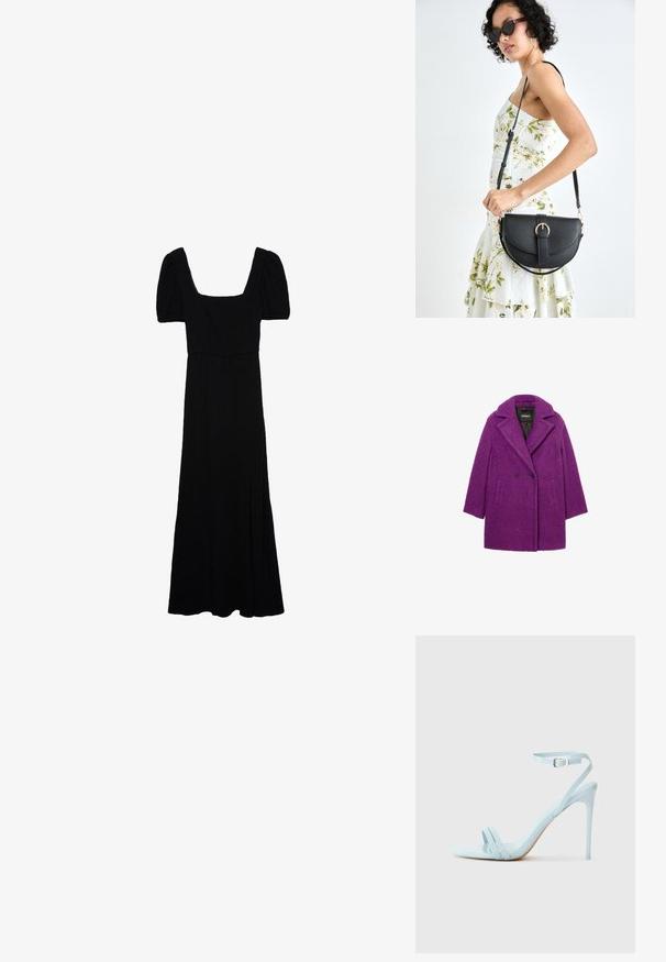 Cappotto viola doppiopetto realizzato in tessuto testurizzato, con colletto a rever e tasche laterali. Etichetta del marchio visibile sull'imbottitura interna.; Abito lungo nero con scollatura quadrata, maniche corte a sbuffo e un tessuto morbido e fluente. Presenta una spacco laterale per facilitare i movimenti.; Sandal con tacco stiletto azzurro chiaro con due cinturini davanti e cinturino alla caviglia, realizzato in materiale laccato lucido, dotato di un tacco sottile e design minimale.; Borsa a tracolla nera in pelle con una forma curva, manico rimovibile e accessori dorati. La borsa presenta una patta con un dettaglio a fibbia.