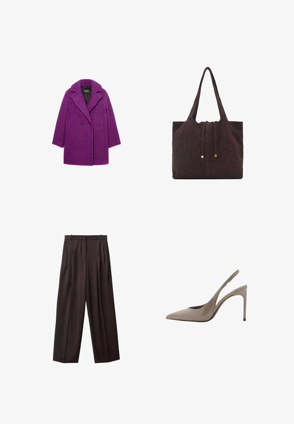Palton mov cu două rânduri de nasturi, realizat dintr-un material texturat, având un guler înclinat și buzunare laterale. Eticheta brandului este vizibilă pe căptușeala interioară.; Top scurt, cu mânecă scurtă, de culoare bej, cu decolteu rotund și textură moale, având un design ajustat care evidențiază forma și contururile.; Pantaloni largi din stofă de culoare maro închis. Caracteristicile includ pliuri în față, un tiv cu bucle pentru curea și buzunare laterale. Textură netedă.; Pantofi cu toc înalt slingback din piele patent bej, cu vârful ascuțit și un design elegant, având un toc subțire și un detaliu decupat pe lateral.; Mango Geantă de pânză - dark brown