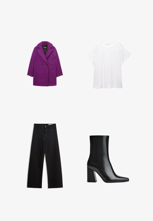 Lilla dobbeltbrystet frakke lavet af tekstureret stof, med en stålende krave og sidelommer. Brandmærket er synligt på indersiden af foringen.; Hvid T-shirt lavet af blødt, let stof. Har en rund halsudskæring og korte, brede ærmer med en afslappet pasform. Ingen synlige mønstre.; Sorte wide-leg denim bukser med høj talje, der har front- og baglommer, syede sømme og en knaplukning. Glat tekstur.; Sort læder ankelstøvle med spids tå og høj blokhæl. Glat tekstur med en slank silhuet og et solidt basedesign.