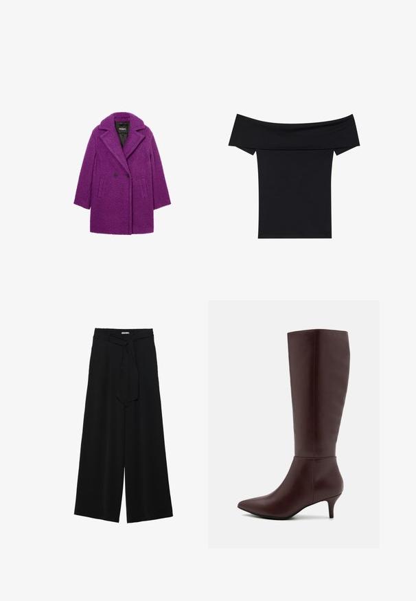 Lilla kahekordne jakk, mis on valmistatud tekstuursest kangast, omab soonikuga krae ning küljetaskuid. Brändi silt on nähtav sisekattel.; Must värvitud top, mis jääb õlgadele, on valmistatud pehmest ja venivast kangast. Sellel on lühikesed varrukad ja kohandatud siluett. Lihtne, õmblusteta disain.; Mustad laiad püksid, millel on tekstureeritud kangas, elastne vöökoht ja eemaldatav pael vööst, et reguleerida sobivust.; Anna Field Saapad - dark purple