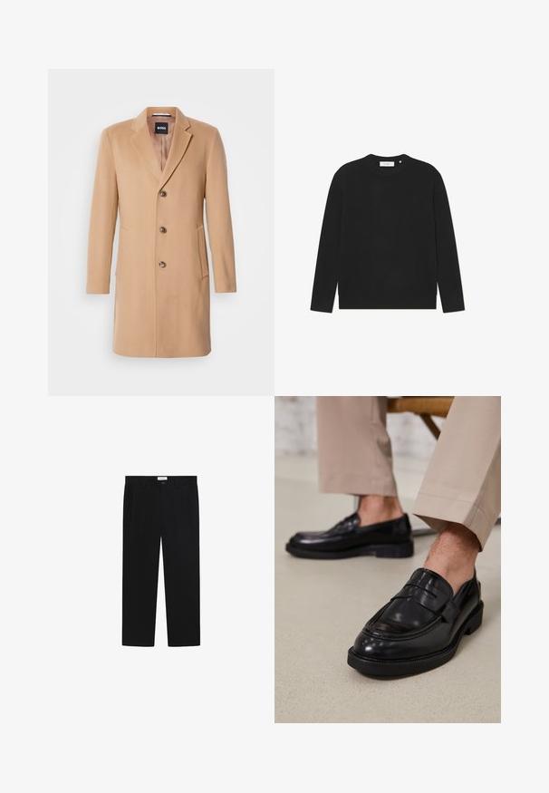 Palton din lână de cămilă, amestecat, cu rever ascuțit, închidere cu un singur rând de butoane, trei butoane maro, două buzunare laterale și textură netedă.; Pulover tricotat negru cu model fin, cu mâneci lungi și guler rotund. Prezintă un material texturat și o croială lejeră. Fără accesorii sau detalii vizibile.; Pantaloni negri cu un design pe picior drept, buzunare frontale și închidere cu nasture. Realizați dintr-un material neted cu un finisaj elegant.; Loafers negre din piele cu o finisare netedă, având o curea decorativă și cusături contrastante, asortați cu pantaloni bej.