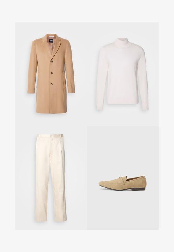 Kamelový kabát se směsí vlny, s klopovým límcem, jednoramenným zapínáním, třemi hnědými knoflíky, dvěma bočními kapsami a hladkou texturou.; Světlý růžový rolák s dlouhými rukávy, jemnou texturou, žebrovaným límcem a manžetami, který má klasický, přiléhavý střih.; Bežové bavlněné kalhoty se střihy rovného nohavice, s knoflíkovým zapínáním a záhyby vpředu pro zvýraznění detailu.; Semišové loafery v béžové barvě s mírným leskem, s kulatou špičkou, snadným obouváním a nízkým hnědým podpatkem. Jemné detaily šití.