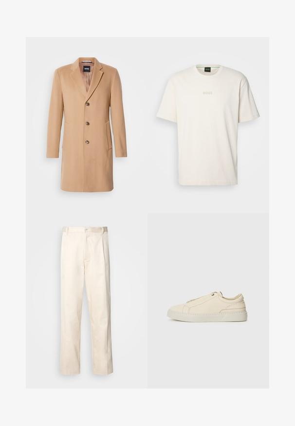 Kamelin villasekoitteinen takki, jossa on uurrettu kaulus, yksirivinen napitus, kolme ruskeaa nappia, kaksi sivutaskua ja sileä pinta.; BOSS TEE - T-paita - open white; Vaaleanbeige puuvillahousut, joissa on suora lahje, varustettu nappisulkeisella ja etupuolella olevilla laskoksilla lisäyksinä.; Beige nahkakengät, joissa on pyöreä kärki, minimalistinen muotoilu, hillityt ommellut yksityiskohdat ja teksturoitu päällinen, vaalealla pohjalla.