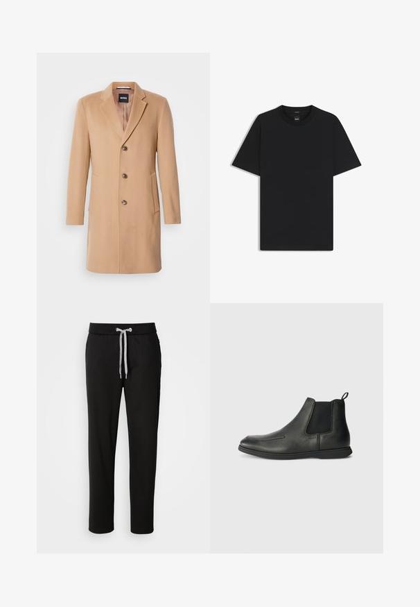 Camel wollen blend jas met een notch-lapel, een enkele sluiting, drie bruine knopen, twee zijzakken en een soepele textuur.; Zwarte korte mouwen T-shirt van een gladde katoenmix, met een ronde halslijn en een minimalistisch ontwerp zonder patronen of accenten.; Zwarte joggingsbroek van zachte stof, met een elastische tailleband met een trekkoord en zijzakken. Casual ontwerp met een rechte pasvorm.; Zwarte leren enkelboots met een gladde textuur, elastische zijpanelen en een trekband aan de achterkant. Rondneus en rubberen zool.