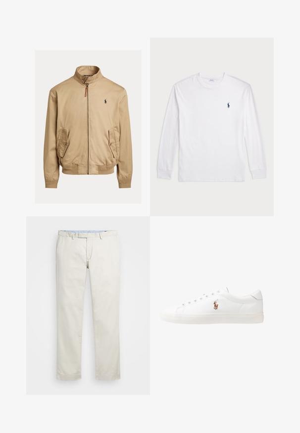 Béžová bomber bunda vyrobená z hladkej tkaniny. Obsahuje stojáčik, dve bočné vrecká, rebrované manžety a malé logo na hrudi.; Biele tričko s dlhým rukávom vyrobené z bavlny. Má okrúhly výstrih, pružné manžety a malé námornícky modré logo polo na ľavej hrudi.; Béžové bavlnené chinos nohavice s plochým predným dielom, pútka na opasok a bočnými vreckami. Rovný strih s hladkou textúrou a ľahkým, priedušným pocitom.; Biele kožené tenisky s nízkym strihom, s hladkou textúrou, okrúlym špičkou, šnurovaním vpredu a malým vyšitým logom na boku.