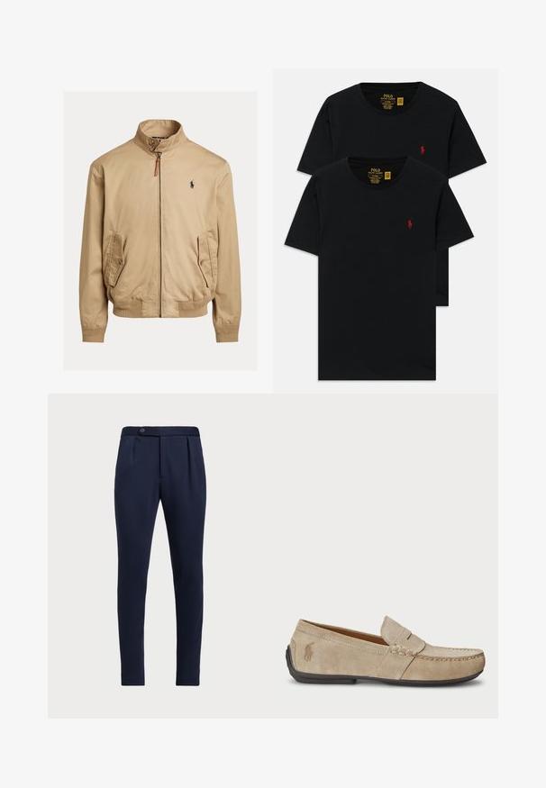 Béžová bomber bunda vyrobená z hladkého materiálu. Má stojáček, dva postranní kapsy, žebrované manžety a malé logo na hrudi.; Černé bavlněné trička s kulatým výstřihem v balení po dvou, s malým červeným vyšitým logem na hrudi. Vlastní design s přiléhavým střihem.; Námořnické modré kalhoty s přizpůsobeným střihem, plochým předním dílem, dvěma předními sklady a jedním knoflíkem na zapínání, vyrobené z hladké, texturované látky.; Béžové semišové mokasíny se šitým detailem, plochou gumovou podrážkou a malým logem na boku. Klasický design na klín, měkká textura.