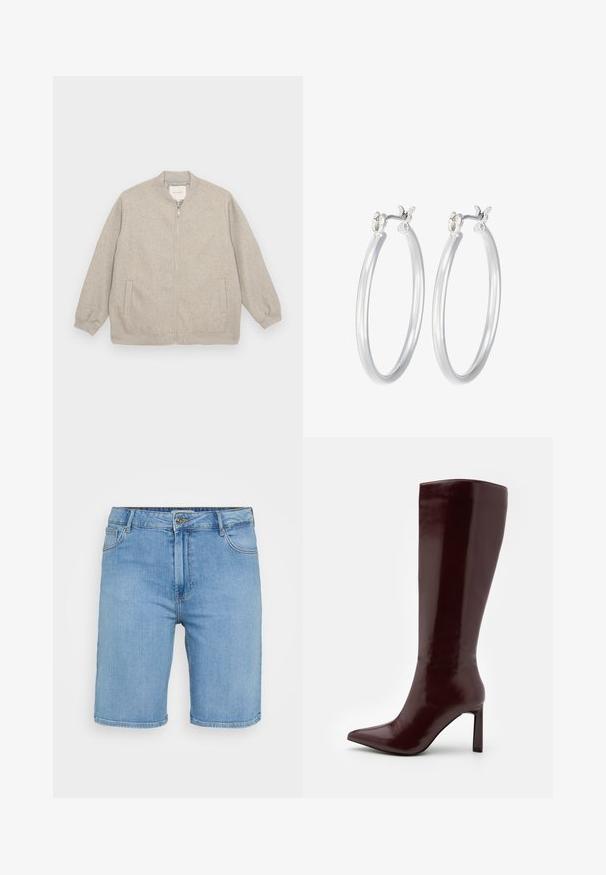 ONLY Carmakoma CARNANCY LIFE - Bomberjacka - simply taupe; Ljusblå denimskjorta med korta ärmar, med två framfickor och dekorerad med små silvernitar över hela plagget.; Ljusblå denimshorts med klassisk skärning, med en framknäppning, bälteshällor och två sidofickor. Slät textur och rak fåll.; Even&Odd Stövel - dark red; Silverfärgade hoopörhängen med en slät, polerad yta. Rund form och säker klickstängning. Lättviktig design som passar för vardagligt bruk.