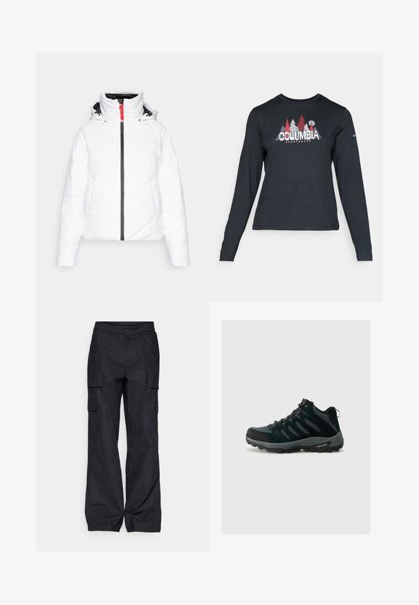 Jachetă albă captusită cu guler înalt, dotată cu un fermoar negru și accente roșii. Model de matlasare în formă de diamant, glugă cu şnururi de ajustare.; Cămașă cu mâneci lungi de culoare gri închis, cu un grafic de copaci roșii și munți; logo-ul "COLUMBIA" în text alb îngroșat. Material moale, guler standard de tip crew.; Columbia BREA FALLS™ COTTON RIPSTOP PANT - Pantaloni outdoor - black; Columbia REDMOND - Pantofi drumeție - black/citron haze