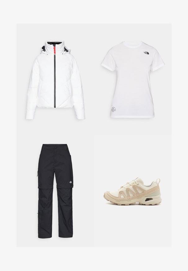 Weiße gepolsterte Jacke mit hohem Kragen, ausgestattet mit einem schwarzen Reißverschluss und roten Akzenten. Rautensteppmuster, Kapuze mit verstellbaren Kordeln.; Weißes Baumwoll-T-Shirt mit einem schwarzen Logo auf der linken Brust und einem grauen Grafikdesign unten rechts. Klassischer Rundhalsausschnitt und kurze Ärmel.; Schwarze Nylon-Zip-Off-Cargohosen mit verstellbaren Bündchen, mehreren Taschen und einem Logo am rechten Bein. Glatte, leichte Textur.; Beige und cremefarbenen Sportschuh mit strukturiertem Mesh-Obermaterial, unterstützenden Überzügen und Gummisohle mit einem Profilmuster für Bodenhaftung.