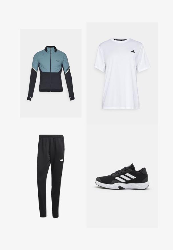 Dynafit ALPINE HYBRID JACKET - Outdoor jacket - atlantic; White athletic t-shirt with short sleeves, made from moisture-wicking fabric. Features a black logo on the left chest and a patterned interior neckline.; Black athletic pants with a stretchy waistband, white side stripes, and a small white logo on the thigh. Made from a smooth, lightweight material.; Black athletic shoes with a textured mesh upper, white accent stripes, a cushioned sole, and a reinforced heel for support.