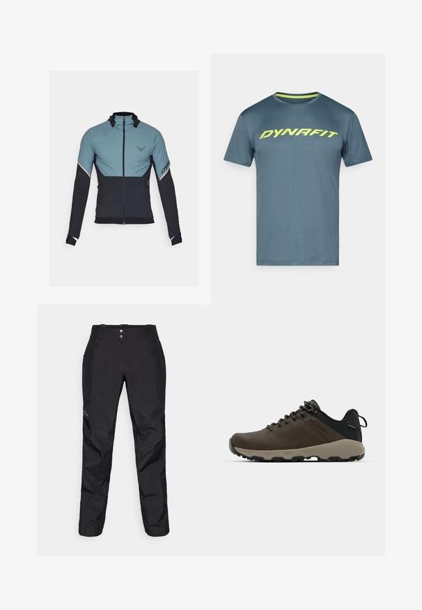 Dynafit ALPINE HYBRID JACKET - Giacca outdoor - atlantic; Maglietta sportiva blu a maniche corte con logo "DYNAFIT" giallo neon sul petto, colletto a girocollo e bordo interno del colletto giallo a contrasto.; Pantaloni impermeabili neri con una texture liscia, dotati di due bottoni frontali e un design a gamba affusolata. Accentuati con un logo sul lato.; Sneakers impermeabili marroni con tomaia testurizzata, dettagli perforati, supporto al tallone nero e suola in gomma grigia. I lacci sono decorati con estremità metalliche.
