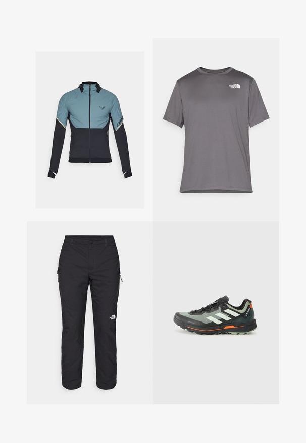 Dynafit ALPINE HYBRID JACKET - Jakna za prosti čas - atlantic; Sivina športna majica s kratkimi rokavi, izdelana iz gladkega, lahkega materiala. Ima beli logo na levem prsnem predelu. Oblika okroglega ovratnika.; The North Face WINTER EXPLORATION TAPERED CARGO  - Hlače za na prostem - black; Lahka tekaška čevlja za trail s sivim in črnim mrežastim zgornjim delom, oranžnimi poudarki in robustnim podplatom za oprijem. Vodoodporna Gore-Tex podloga.