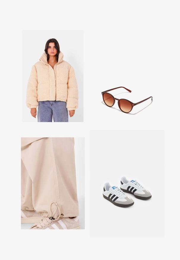 Beżowa krótka kurtka puchowa wykonana z puszystego materiału sherpa, z górną częścią w jednolitym odcieniu piaskowym, zapinana na zamek błyskawiczny, z elastycznymi mankietami rękawów.; Brązowa bawełniana koszulka z luźnym krojem, krótkimi rękawami i małą grafiką "DELICIOUS REFRESHING FRUIT" w kolorze białym i fioletowym.; Beżowe spodnie wykonane z lekkiego materiału, z sznurkiem u dołu, w połączeniu z beżowymi trampkami z białymi paskami.; Buty sportowe z białą skórzaną cholewką, szarym zamszowym noskiem i trzema czarnymi paskami. Posiadają niebieskie logo na języku oraz teksturowaną gumową podeszwę.; Okrągłe brązowe gradientowe soczewki okularów przeciwsłonecznych z cienkimi, przeźroczystymi brązowymi oprawkami i złotymi akcentami na zausznikach.