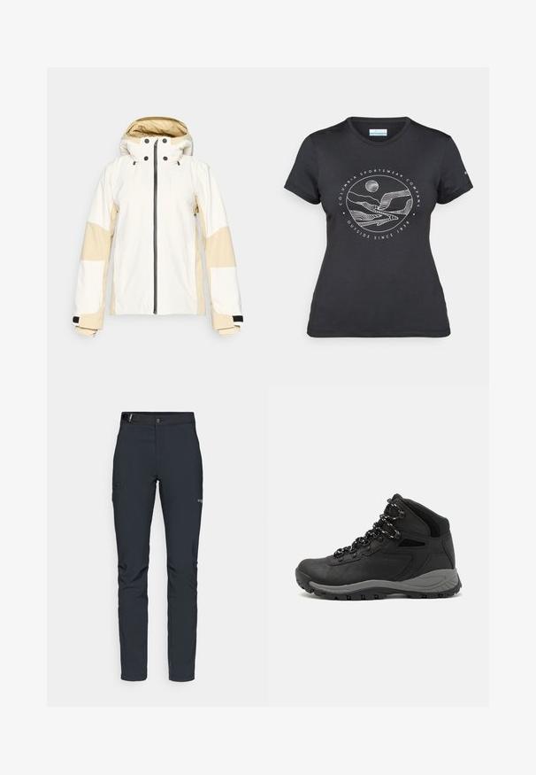 White and beige ski jacket with a hood, black zipper, and pockets. Features elastic cuffs and a smooth, waterproof material.; Black Columbia t-shirt with white circular mountain and river line art and text "Columbia Sportswear Company Outside Since 1938."; Men's outdoor pants, dark gray, made from flexible material, featuring a belt, zippered pockets, and reinforced stitching.; Black hiking boot with a mid-top design, featuring a textured upper, gray accents, and durable rubber sole with traction lugs.