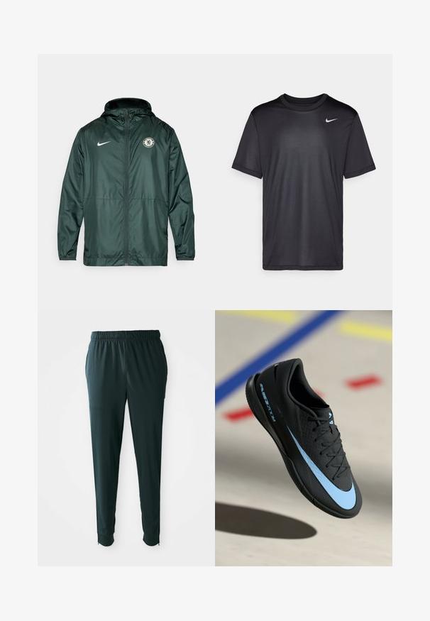 Casaco verde da Nike com fecho de correr, capuz e logo do Chelsea FC no lado esquerdo do peito. Inclui punhos elásticos e uma textura suave.; Camisola atlética preta de mangas curtas, gola redonda, feita de um tecido liso. Apresenta um pequeno logo branco da Nike na parte superior esquerda.; Calças de desporto leves em verde-escuro, com cintura elástica, bolsos laterais e fechos de correr nos tornozelos para ajuste; textura suave.; Shoe atlético preto com detalhes azuis, superfície texturizada, design de atacadores e logótipos distintivos da Nike. Sola em borracha com padrões de aderência.