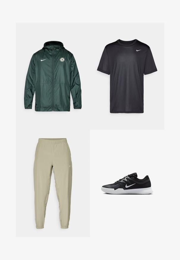 Zelená bunda Nike s kapucí, zipem a logem Chelsea FC na levé části hrudi. Obsahuje elastické manžety a hladký povrch.; Černé sportovní tričko s krátkým rukávem, kulatým výstřihem, vyrobené z hladkého materiálu. Vyznačuje se malým bílým logem Nike na levém horním kusu.; Světlé béžové joggingové kalhoty s elastickým pasem, manžetovými kotníky a bočními kapsami. Na přední straně se nachází malé bílé logo.; Černá atletická bota s texturovaným svrškem, bílým logem Nike a bílou gumovou podrážkou. Disponuje šněrovacím designem a dynamickým tvarem.