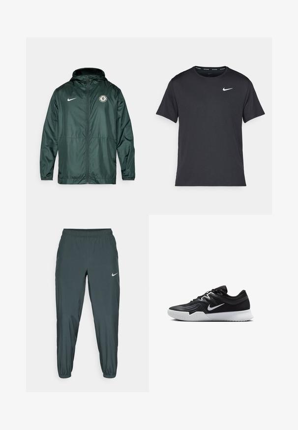 Green Nike jacket featuring a zip closure, hood, and Chelsea FC logo on the left chest. Includes elastic cuffs and a smooth texture.; Black Nike running T-shirt made of lightweight, breathable material, featuring short sleeves and a small white logo on the chest.; Nike track pants in dark green, featuring an elastic waistband, tapered leg shape, and a subtle reflective logo on the side.; Black athletic shoe with a textured upper, white Nike swoosh, and a white rubber outsole. Features a lace-up design and dynamic shape.