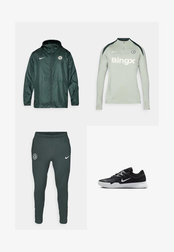 Jachetă Nike verde cu închidere prin fermoar, glugă și logo-ul Chelsea FC pe pieptul stâng. Include manșete elastice și o textură netedă.; Tricou sportiv cu mâneci lungi, gri deschis, cu accente negre pe umeri, guler cu fermoar, logo Nike și text "Bingx" pe față. Prezintă insigna Chelsea FC.; Pantaloni sportivi de culoare verde închis cu talie elastică, având un logo Chelsea FC pe coapsa stângă și un swoosh alb Nike pe cea dreaptă.; Pantof sport negru cu un superior texturat, swoosh alb Nike și o tălpică din cauciuc alb. Dispune de un design cu șireturi și o formă dinamică.