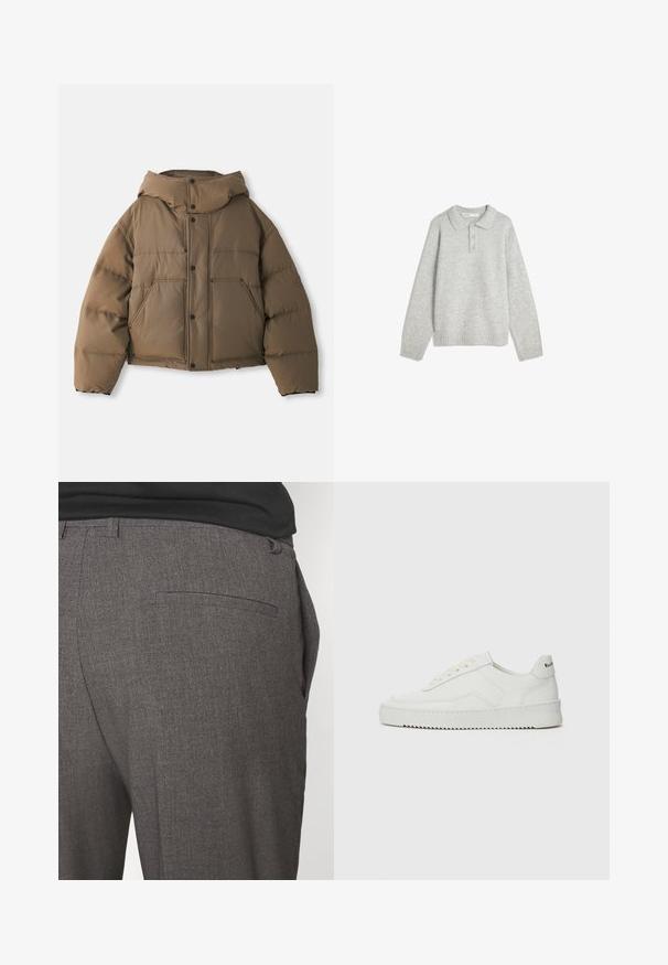 Doudoune marron avec capuche, présentant une fermeture éclair à l'avant, quatre poches sur le devant et un design court. Texture lisse avec isolation rembourrée.; Pull en tricot gris avec un col montant, trois boutons à l'avant et un ourlet côtelé. Le tissu semble doux et texturé, avec une coupe décontractée.; Pantalons tailleur gris avec une texture douce, dotés d'une poche arrière unique et d'une coupe slim. Le tissu présente un motif subtil.; Baskets en cuir blanc avec une finition lisse, bout arrondi, lacets plats et semelle texturée. Présente un logo discret sur le talon.