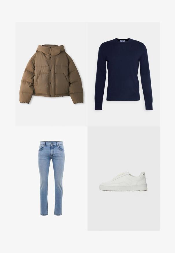 Bruine pufferjack met een capuchon, uitgerust met een ritssluiting aan de voorkant, vier voorzakken en een cropped ontwerp. Soepele textuur met gepatteerde isolatie.; Marineblauwe ronde hals trui van zachte stof, met lange mouwen en een geribbelde zoom. Geen zichtbare patronen of versieringen.; Lichtblauwe denim jeans met een slim fit, vijf zakken en een rechte pijp. Voorzien van een rits en riemlussen. Zachte textuur.; Witte leren sneaker met een gladde afwerking, ronde neus, platte veters en een gestructureerde zool. Kenmerkt zich door een subtiel logo op de hiel.