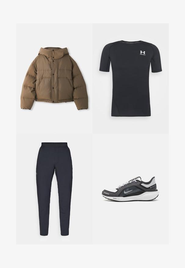 Brown puffer jacket with a hood, featuring a zippered front, four front pockets, and a cropped design. Smooth texture with padded insulation.; Black short-sleeve athletic shirt made of moisture-wicking, stretchy fabric. Features a round neckline and a small white logo on the chest.; Black athletic pants with a smooth texture, slim fit, elastic waistband, and side pockets. Features a small logo on the left thigh.; Black and gray athletic shoe with a mesh upper, reflective accents, and a white midsole. Features textured rubber outsole and laces.