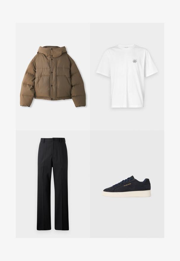 Giacca a vento marrone con cappuccio, caratterizzata da una chiusura con zip, quattro tasche frontali e un design cropped. Texture liscia con isolamento imbottito.; T-shirt bianca in cotone con maniche corte, colletto tondo e un piccolo logo grigio nella zona sinistra del petto. Texture liscia.; Pantaloni neri a gamba dritta con passanti per cintura, chiusura frontale con bottone e zip, esposti su uno sfondo bianco semplice.; Sneaker bassa in suede blu navy con suola bianca, lacci blu navy e logo "Filling Pieces" in oro sul lato.