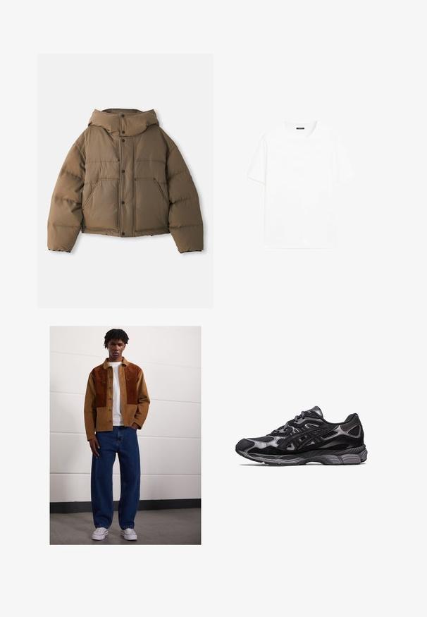 Doudoune marron avec capuche, présentant une fermeture éclair à l'avant, quatre poches sur le devant et un design court. Texture lisse avec isolation rembourrée.; T-shirt en coton blanc à manches courtes, col rond et coupe droite. Texture lisse sans motifs ni accents visibles.; Homme se tenant à l'intérieur, portant une veste en velours côtelé marron avec des taches rouillées, un t-shirt blanc, un jean bleu ample et des baskets blanches.; Chaussure de sport noire avec une tige en mesh et en suède, présentant un design texturé et une semelle grise robuste et rembourrée.