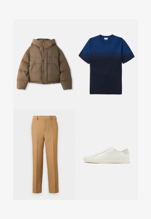Barna puffermellény kapucnival, cipzáras elülső résszel, négy elülső zsebbel és rövidített szabással. Sima tapintású, párnázott szigetelés.; Tengerészsötét kék pamut póló kerek nyakkal, rövid ujjakkal, és egy finom átmeneti mintával, ami világosabból sötétebb árnyalatokba halad.; Vékony, szőtt anyagból készült bézs szövetnadrág, amely egyenes szabású, sima elülső résszel és övpántokkal rendelkezik. Sima textúrával rendelkezik, látható minták nélkül.; Fehér bőr sneaker sima felülettel, kerek orral és minimalista dizájnnal. Bézs kiemelésekkel a sarokon és gumitalppal rendelkezik.