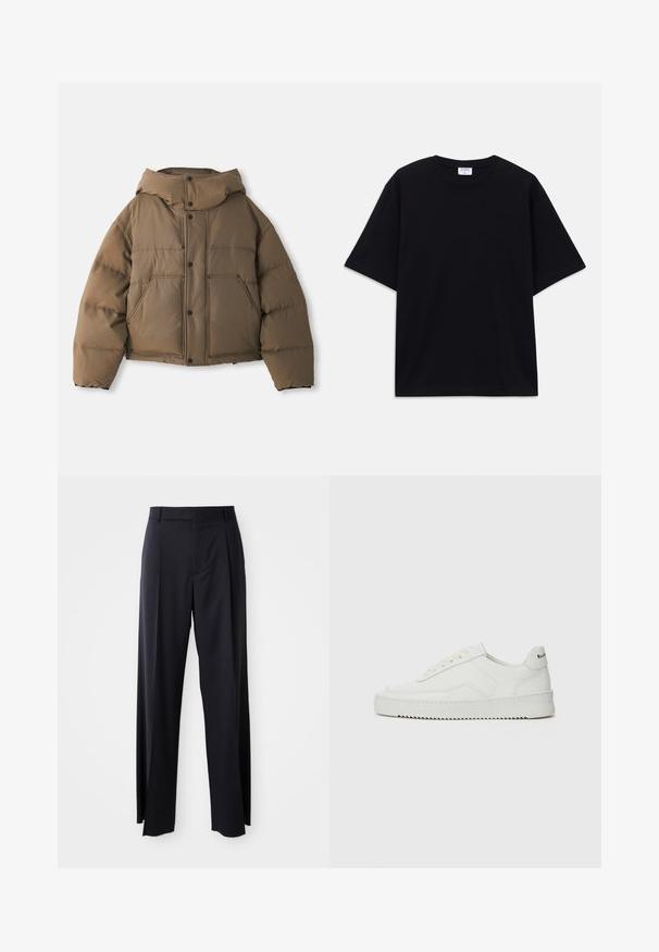 Pruun puhvjakakk koos kapuutsiga, millel on tõmblukuga esiosa, neli esikotti ja lühike disain. Sile tekstuur koos polsterdatud isoleerimisega.; Must t-särk, lühikeste varrukatega, üle mõõdu, ümmarguse kaelusega ja nähtava Filippa K brändi sildiga kaelas.; Mustad, kõrge vöökohtaga püksid laia säärte lõikega, valmistatud siledast kangast. Omab ees plekke ja vöörihmade jaoks silmuseid. Minimalistlik disain, nähtavat riistvara pole.; Valge nahast tennis, millel on sile põhi, ümar varvas, lamedad nöörid ja tekstuuriline tall. Sisaldab diskreetset logo kontsaribal.