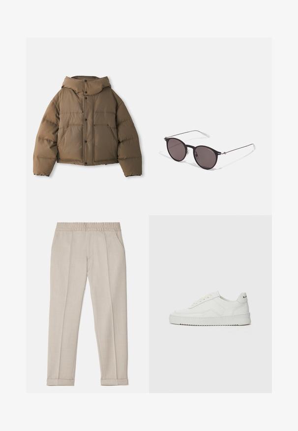 Braune Pufferjacke mit Kapuze, ausgestattet mit einem Reißverschluss vorne, vier Fronttaschen und einem cropped Design. Glatte Textur mit gepolsterter Isolierung.; Schwarzes Baumwoll-T-Shirt mit Rundhalsausschnitt, kurzen Ärmeln und dem "EMPORIO ARMANI"-Logo in Weiß über dem geschwungenen Schriftzug "Milano".; Filippa K TERRY CROPPED TROUSERS - Stoffhose - sage melange; Weiße Ledersneaker mit glatter Oberfläche, runder Zehenpartie, flachen Schnürsenkeln und strukturiertem Sohlenprofil. Mit einem dezenten Logo an der Ferse.; Schwarze runde Sonnenbrille mit dunklen Gläsern und schlanken Metallbügeln. Enthält klare Tempelspitzen und silberne Akzente am Scharnier. Minimalistisches Design.