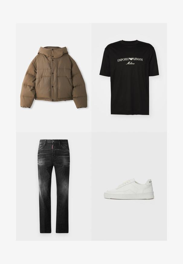 Braune Pufferjacke mit Kapuze, ausgestattet mit einem Reißverschluss vorne, vier Fronttaschen und einem cropped Design. Glatte Textur mit gepolsterter Isolierung.; Schwarzes Baumwoll-T-Shirt mit Rundhalsausschnitt, kurzen Ärmeln und dem "EMPORIO ARMANI"-Logo in Weiß über dem geschwungenen Schriftzug "Milano".; Schwarze Jeans aus Denim mit geradem Schnitt. Verfügt über ausgebleichte Bereiche, leichte Abnutzung, klassisches Fünf-Taschen-Design und einen Knopfverschluss.; Weiße Ledersneaker mit glatter Oberfläche, runder Zehenpartie, flachen Schnürsenkeln und strukturiertem Sohlenprofil. Mit einem dezenten Logo an der Ferse.