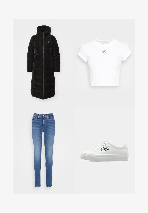 Calvin Klein Jeans SOFT TOUCH LONG FITTED PUFFER - Talvitakki - black; Valkoinen lyhythihainen t-paita, joka on valmistettu ribbatusta kankaasta. Siinä on pyöreä pääntie ja lyhyet hihat. Rinnan alueella musta kirjailtu "cK"-logo.; Kapeet siniset skinny-farkut, joissa on korkea vyötärö, sileä pinta, kaksi etutaskua ja yksi takatasku.; Valkoiset platform-vaihtoehtoiset tennarit, joissa on sileä synteettinen päällinen, tonaliset nauhat ja musta logo. Kohotettu kumipohja sisältää vaakasuoria uria pitoon.