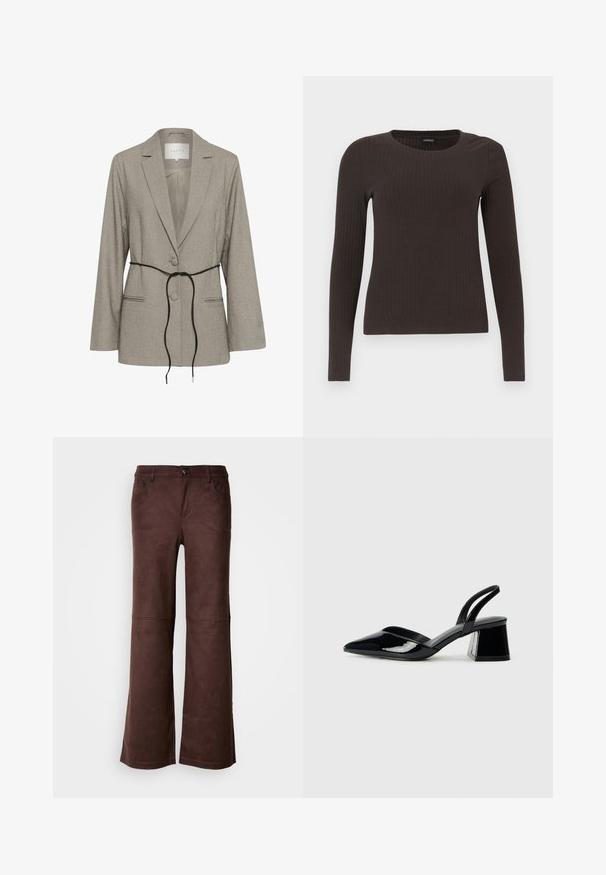 Hellgrauer, taillierter Blazer mit zwei Knöpfen, Reverskragen, Paspeltaschen und einem dünnen schwarzen Gürtel, der tailliert ist.; Braunes, langärmliges, geripptes Oberteil mit Rundhalsausschnitt. Hergestellt aus einem glatten, dehnbaren Material, mit einer taillierten Silhouette und minimalen Details.; Braune, ausgestellte Hosen aus einem weichen, samtartigen Stoff. Verfügt über vier Taschen, einen Knopfverschluss und eine glatte, strukturierte Oberfläche.; Schwarze Lackleder-Slingback-High Heels mit spitzem Schuh und einem geometrischen Blockabsatz. Verfügt über ein schlankes, minimalistisches Design und eine glatte Textur.
