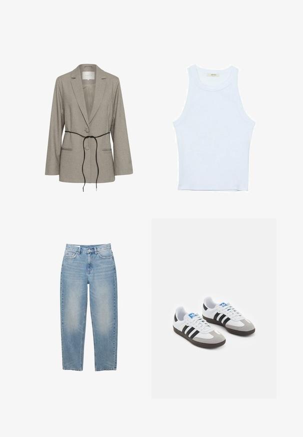 Giacca sartoriale grigia chiara con due bottoni, rever a punta, tasche a filetto e una sottile cintura nera legata in vita.; Canotta bianca, texture a coste, scollatura rotonda, design senza maniche, forma aderente, branding sottile sull'etichetta all'interno dell'area del colletto.; Jeans in denim azzurro chiaro con vita alta, design a gamba dritta, styling a cinque tasche e una finitura leggermente sbiadita. Orli puliti.; Scarpe sportive con tomaia in pelle bianca, punta in suede grigia e tre strisce nere. Presentano un logo blu sulla linguetta e una suola in gomma testurizzata.
