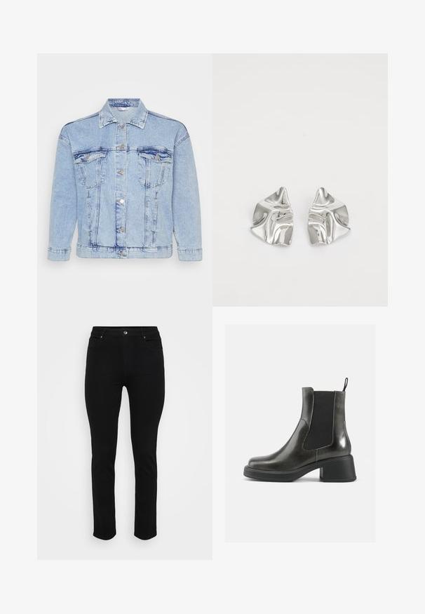 Light blue denim jacket with a button-up front, two chest pockets, and a classic collar. Features distressed texture and metallic buttons.; Knit sweater featuring a cream base with brown and tan animal print. Round neckline, long sleeves, soft texture, and relaxed fit.; Black denim jeans with a slim fit, five-pocket design, front button closure, and slight stretch for comfort. Flat, smooth texture with minimal detailing.; Black leather ankle boots with a smooth finish, elastic side panels, and a chunky heel. Features a pull tab for easier wear.; Silver metal earrings with a wavy, sculptural design featuring a polished finish and irregular shapes, highlighting a contemporary aesthetic.