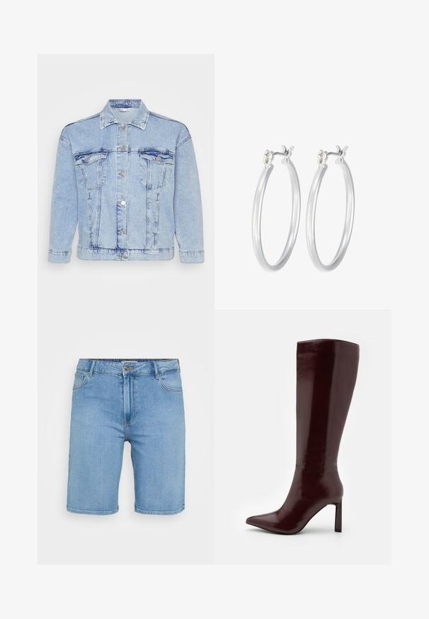 Svijetloplava traper jakna s gumbima sprijeda, dva džepa na prsima i klasičnom kragnom. Ima istrošenu teksturu i metalne gumbe.; Svijetloplava traper košulja kratkih rukava, s dvije prednje džepove i ukrašena malim srebrnim zakovicama po cijeloj površini.; Svijetloplave traper kratke hlače klasičnog kroja, s prednjim zatvaranjem na gumb, petljama za remen i dva bočna džepa. Glatka tekstura i ravni rub.; Even&Odd Čizme - dark red; Srebrne kružne naušnice s glatkom, poliranom površinom. Okrugli oblik i sigurno kopčanje na klik. Lagani dizajn pogodan za svakodnevno nošenje.