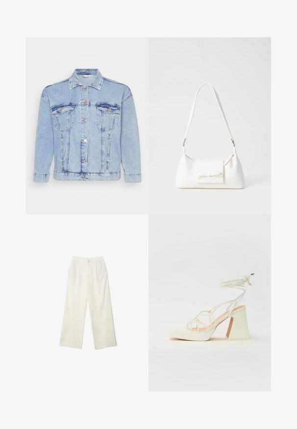 Svetlomodrá džínsová bunda s gombíkmi na prednej strane, dvoma náprsními vreckami a klasickým golierom. Má ošúchanú textúru a kovové gombíky.; Biely dlhý rukáv tričko vyrobené z rebrovanej látky s okrúhlym výstrihom a rovno strihaným lemom. Jednoduchý, jednoliaty dizajn.; Široké nohavice z krémovej látky s hladkou textúrou, s jedným predným gombíkom, jemnými skladmi a vysokým pásom.; Biele sandále na vysokom opätku s hrubým podpätkom, s pruhovaným dizajnom a viazaním na členku. Hladký povrch s platformou vpredu pre zvýšenú výšku.; Biela syntetická kabelka s trojuholníkovým tvarom, plochým predným klapkou a detailom mašle, nastaviteľným popruhom, hladkou textúrou a minimalistickým dizajnom.