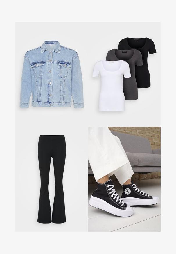 Light blue denim jacket with a button-up front, two chest pockets, and a classic collar. Features distressed texture and metallic buttons.; Three fitted T-shirts in white, gray, and black. Each features a wide scoop neckline and short sleeves. Made from smooth, stretchy fabric.; Black flared pants made of stretchy fabric, featuring a high waistband and a smooth texture. The pants flare out from the knee.; Black high-top sneakers with white rubber soles and laces. Features a round logo patch and contrasting white stitching. Canvas material.