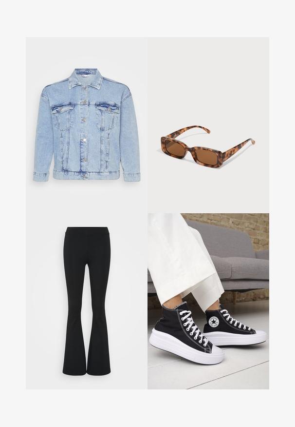 Világoskék farmerdzseki gombos elülső résszel, két mellzsebbel és klasszikus gallérral. Megjelenése átütött textúrájú és fényes gombokkal rendelkezik.; Három szűkített T-póló fehér, szürke és fekete színben. Mindegyik széles, kerek nyakkal és rövid ujjakkal rendelkezik. Simább, elasztikus anyagból készült.; Fekete harangszárú nadrág, rugalmas anyagból készült, magas derékkal és sima felülettel. A nadrág a térdtől kezdve bővül.; Fekete magas szárú tornacipők fehér gumitalppal és fűzővel. Kör alakú logófolttal és kontrasztos fehér varrással. Vászon anyagból.; Tarka mintás napszemüveg, téglalap alakú barna lencsékkel, vastag kerettel és vékony, különböző árnyalatú barna mintázattal ellátott szárakkal.