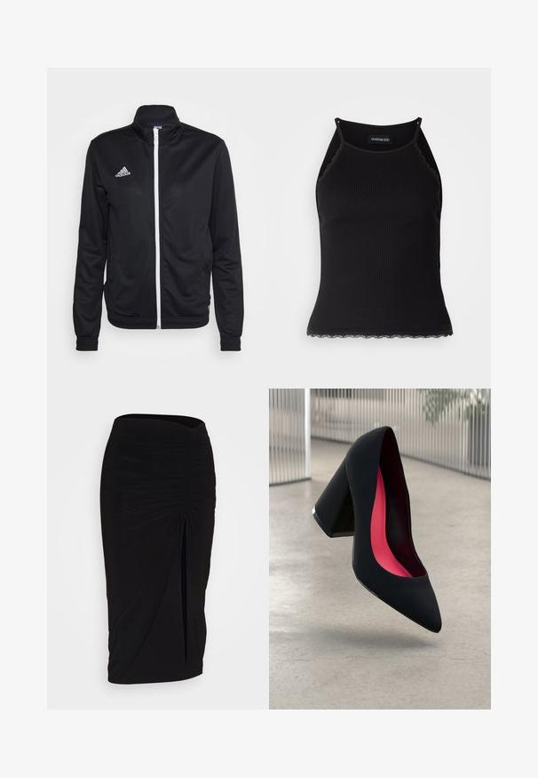 Black zip-up jacket with a high collar, made from smooth fabric. Features white zipper and 'adidas' logo in white on the left chest.; Black ribbed tank top with scalloped lace trim at the hem. Features thin straps and a fitted design. Made from stretchable fabric.; Black, ruched pencil skirt with tie detail and a side slit. Made from a stretchy fabric, featuring a smooth texture and form-fitting design.; Black high heel shoe with a pointed toe, textured surface, and a vibrant pink interior. Features a chunky heel with silver accent.