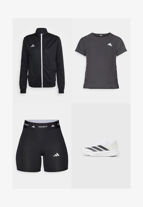 Melnā zip-up jaka ar augstu apkakli, izgatavota no gludas auduma. Aprīkota ar baltu rāvējslēdzēju un baltu 'adidas' logotipu kreisajā krūtī.; Īsām piedurkņu sporta T-krekls, tumši pelēks ar perforētu tekstūru. Iespējots ar baltu logotipu un kontrastējošām sānu svītrām. Apaļa kakla izgriezums.; Melnas šortus, izgatavotus no elastīga auduma, ar pieguļošu dizainu. Iezīmēts ar plašu melnu jostasvietu, uz kuras ir uzraksts "TECHFIT", un ar baltu logotipu uz kājas.; Baltas sporta apavs ar melniem diagonāliem svītrām, sieta augšdaļa, noapaļota purngalu forma un teksturēta zole. Akcenti ietver sudraba papēdi un minimālistisku dizainu.